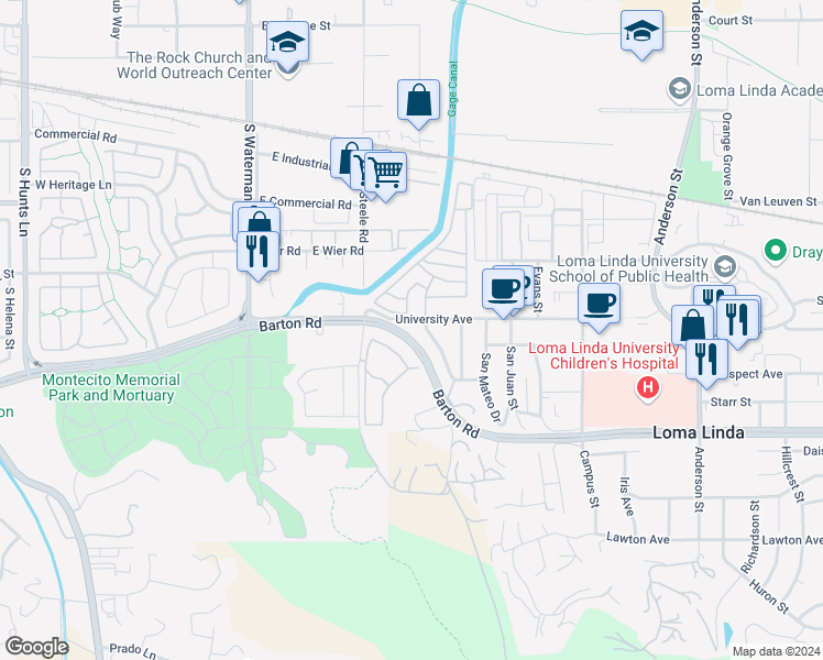 map of restaurants, bars, coffee shops, grocery stores, and more near Rosarita Drive in Loma Linda