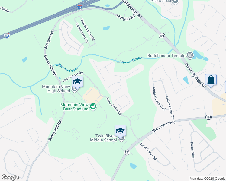 map of restaurants, bars, coffee shops, grocery stores, and more near 2114 Beacon Crest Drive in Buford