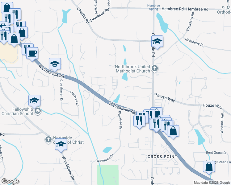 map of restaurants, bars, coffee shops, grocery stores, and more near 1020 Towneship Way in Roswell
