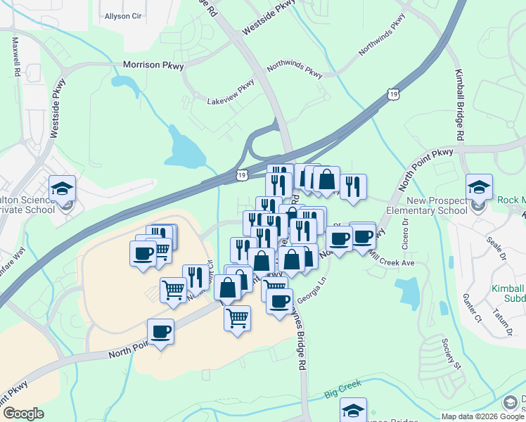 map of restaurants, bars, coffee shops, grocery stores, and more near 1275 North Point Drive in Alpharetta