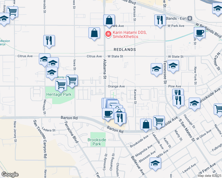 map of restaurants, bars, coffee shops, grocery stores, and more near 80 Alabama Street in Redlands