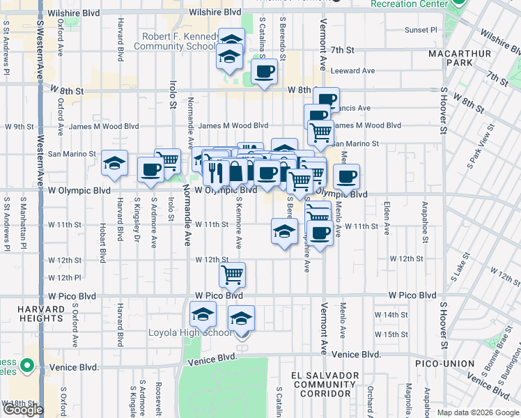 map of restaurants, bars, coffee shops, grocery stores, and more near 1036 Dewey Avenue in Los Angeles