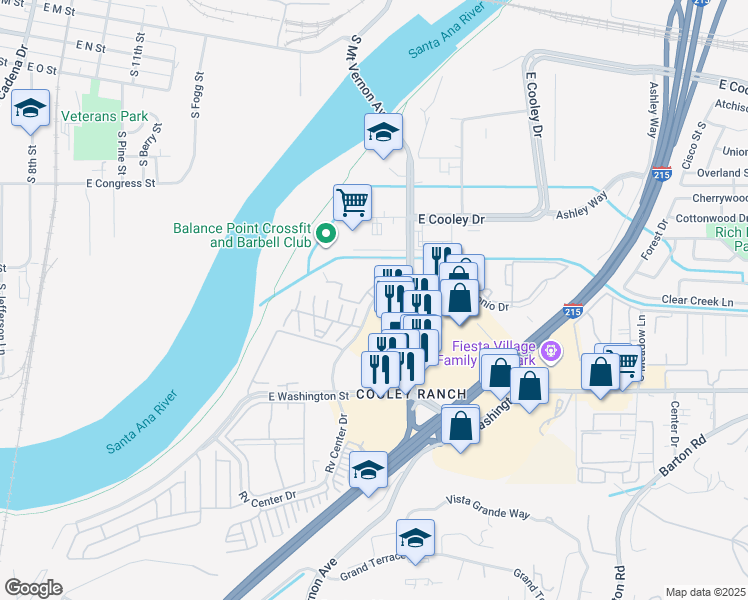 map of restaurants, bars, coffee shops, grocery stores, and more near 1154 South Santo Antonio Drive in Colton