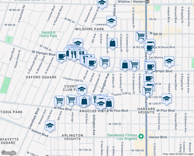 map of restaurants, bars, coffee shops, grocery stores, and more near 1035 Westchester Place in Los Angeles