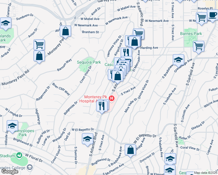 map of restaurants, bars, coffee shops, grocery stores, and more near 818 De La Fuente Street in Monterey Park