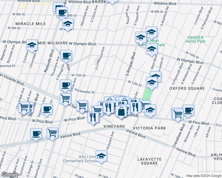 map of restaurants, bars, coffee shops, grocery stores, and more near 1245 South Hudson Avenue in Los Angeles