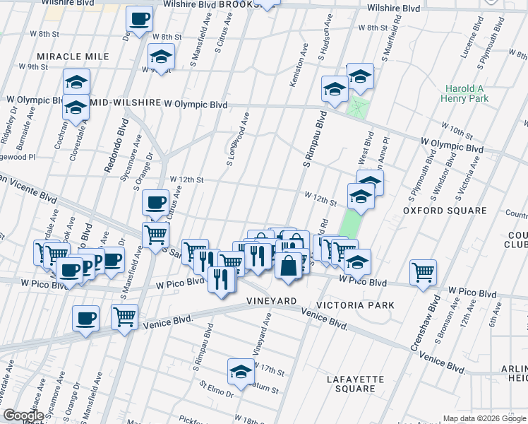 map of restaurants, bars, coffee shops, grocery stores, and more near 1245 South Hudson Avenue in Los Angeles