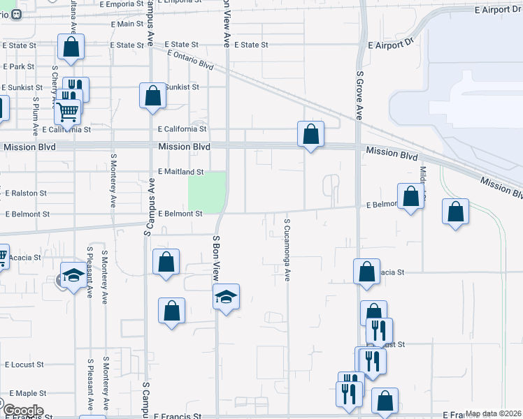 map of restaurants, bars, coffee shops, grocery stores, and more near 55 East Belmont Street in Ontario