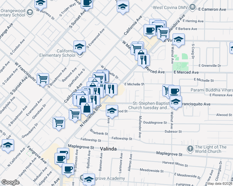 map of restaurants, bars, coffee shops, grocery stores, and more near 1860 North Hacienda Boulevard in La Puente