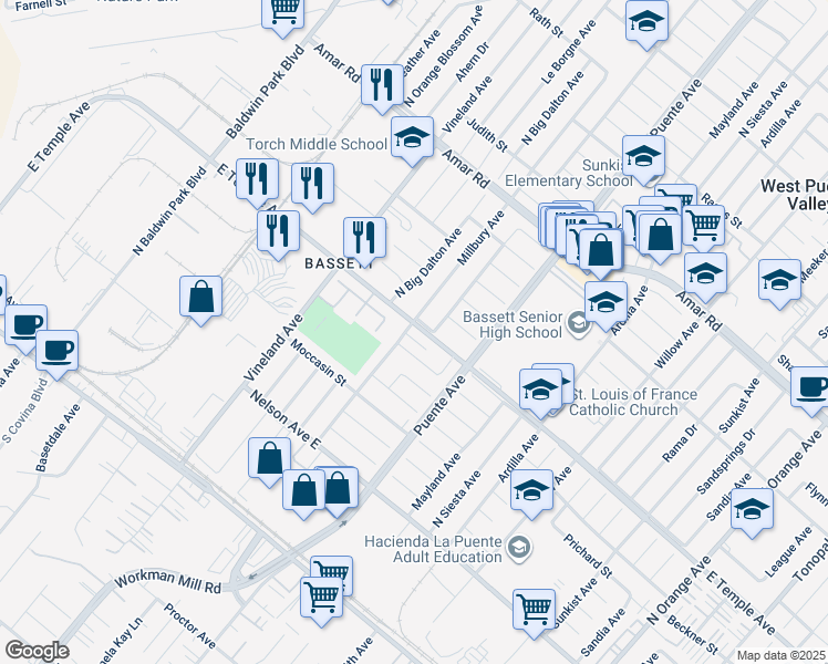 map of restaurants, bars, coffee shops, grocery stores, and more near 570 Millbury Avenue in La Puente