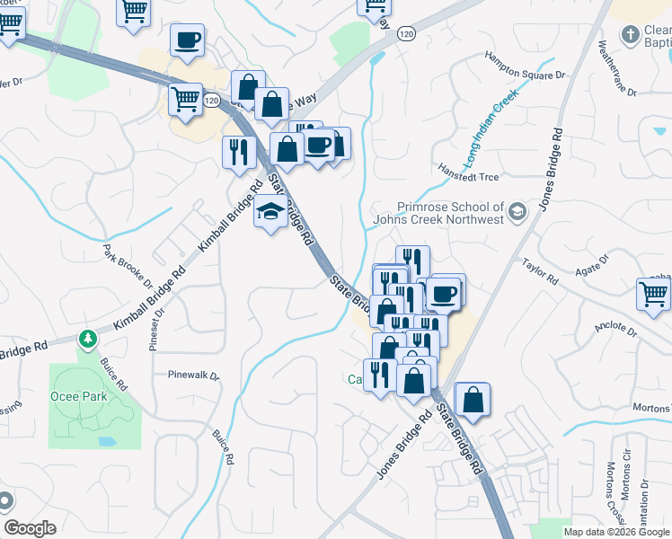 map of restaurants, bars, coffee shops, grocery stores, and more near 11130 Amy Frances Lane in Alpharetta