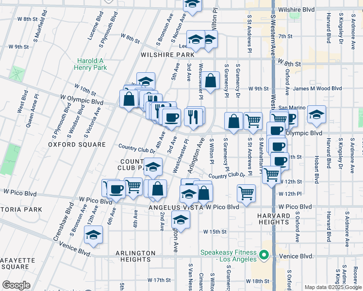 map of restaurants, bars, coffee shops, grocery stores, and more near 1035 Westchester Place in Los Angeles