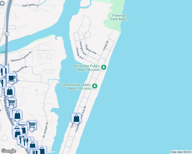 map of restaurants, bars, coffee shops, grocery stores, and more near 1403 Carolina Beach Avenue North in Carolina Beach