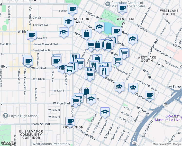 map of restaurants, bars, coffee shops, grocery stores, and more near 2140 West Olympic Boulevard in Los Angeles