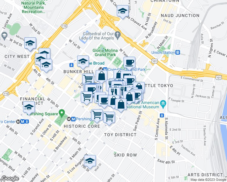 map of restaurants, bars, coffee shops, grocery stores, and more near South Spring Street & West 2nd Street in Los Angeles