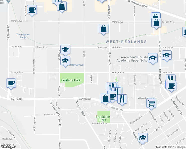 map of restaurants, bars, coffee shops, grocery stores, and more near 1662 Golden Rod Avenue in Redlands