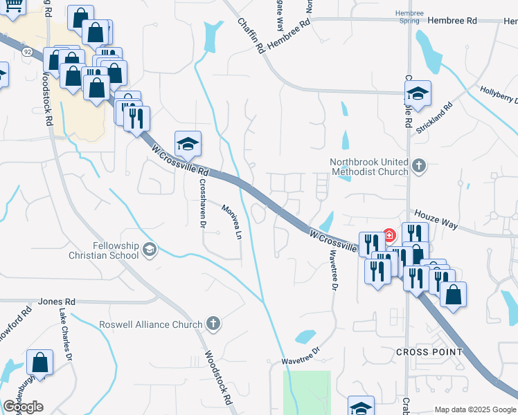 map of restaurants, bars, coffee shops, grocery stores, and more near 295 West Crossville Road in Roswell