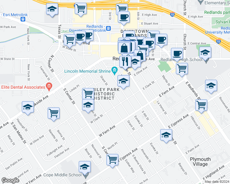 map of restaurants, bars, coffee shops, grocery stores, and more near 226 South Eureka Street in Redlands