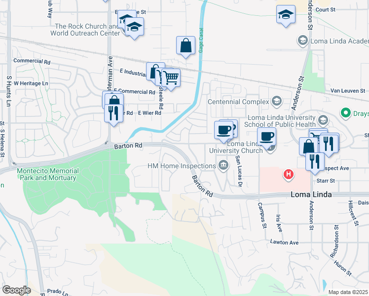map of restaurants, bars, coffee shops, grocery stores, and more near 11153 Rosarita Drive in Loma Linda