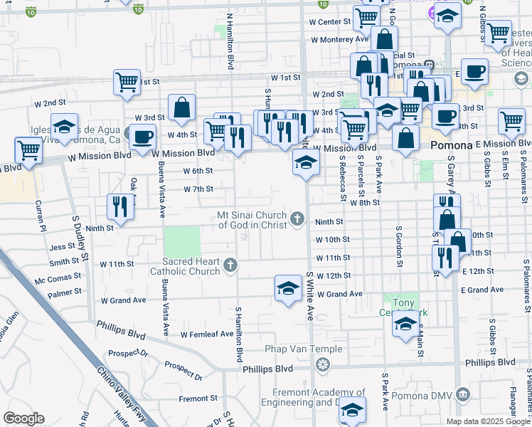 map of restaurants, bars, coffee shops, grocery stores, and more near 985 West 9th Street in Pomona
