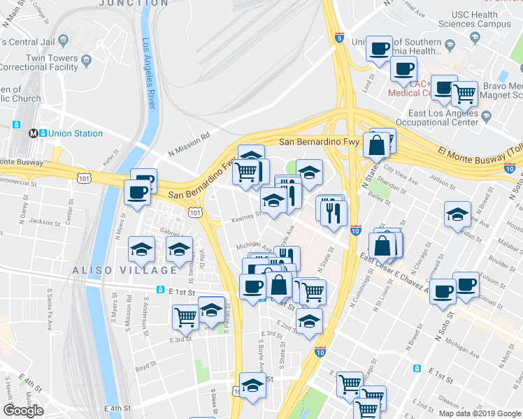 map of restaurants, bars, coffee shops, grocery stores, and more near 1814 Kearney Street in Los Angeles