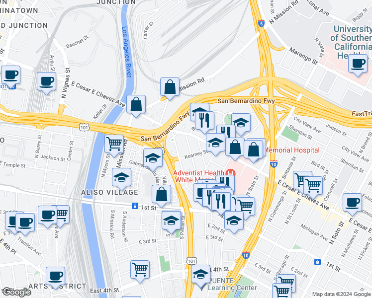 map of restaurants, bars, coffee shops, grocery stores, and more near 1351 Pennsylvania Avenue in Los Angeles