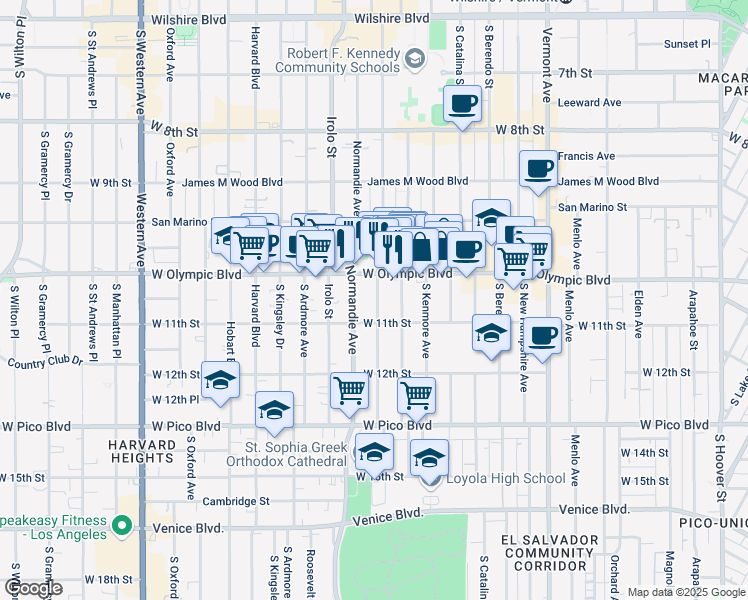 map of restaurants, bars, coffee shops, grocery stores, and more near 1039 South Mariposa Avenue in Los Angeles