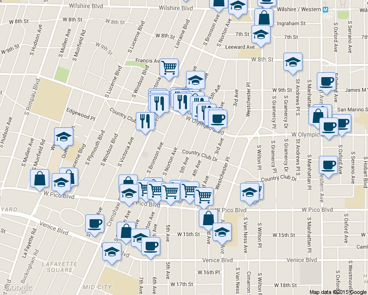 map of restaurants, bars, coffee shops, grocery stores, and more near 3816 Country Club Drive in Los Angeles