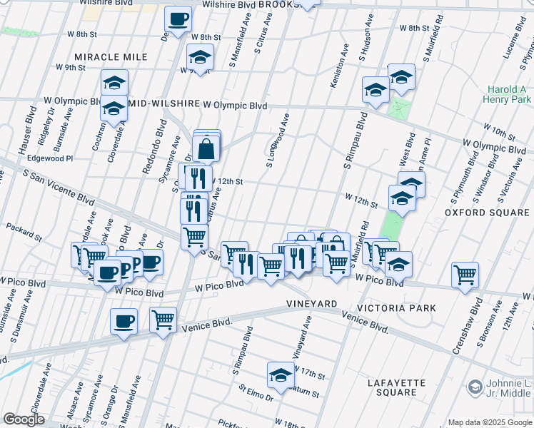 map of restaurants, bars, coffee shops, grocery stores, and more near 1260 South Tremaine Avenue in Los Angeles