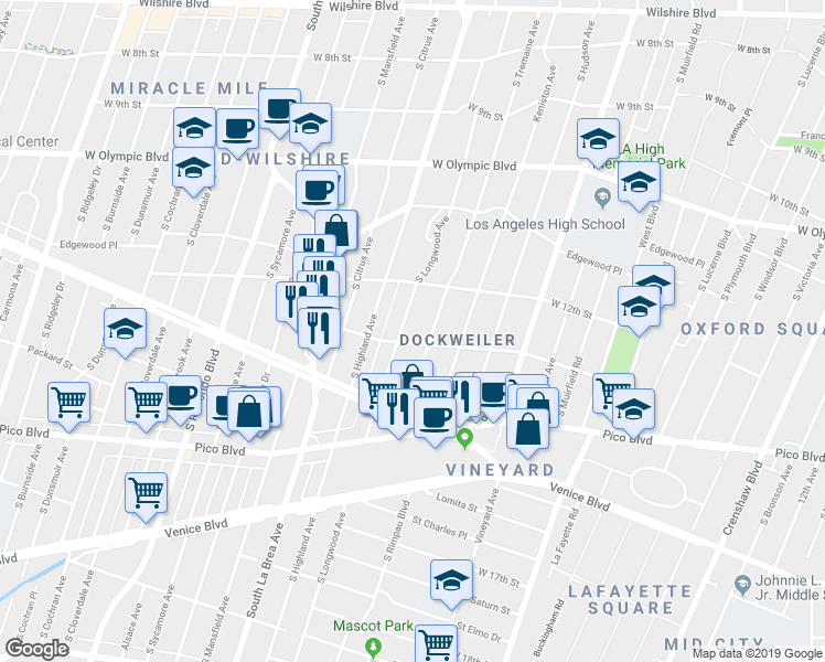 map of restaurants, bars, coffee shops, grocery stores, and more near 4851 Dockweiler Street in Los Angeles