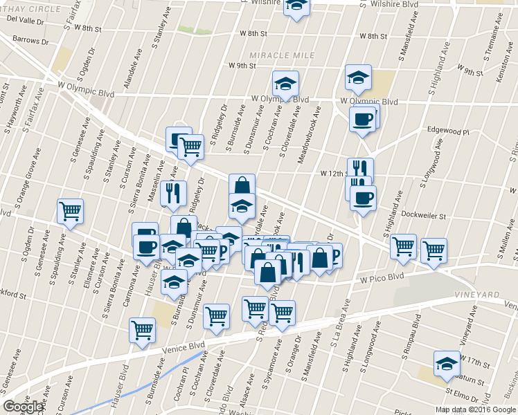 map of restaurants, bars, coffee shops, grocery stores, and more near 1270 South Cloverdale Avenue in Los Angeles