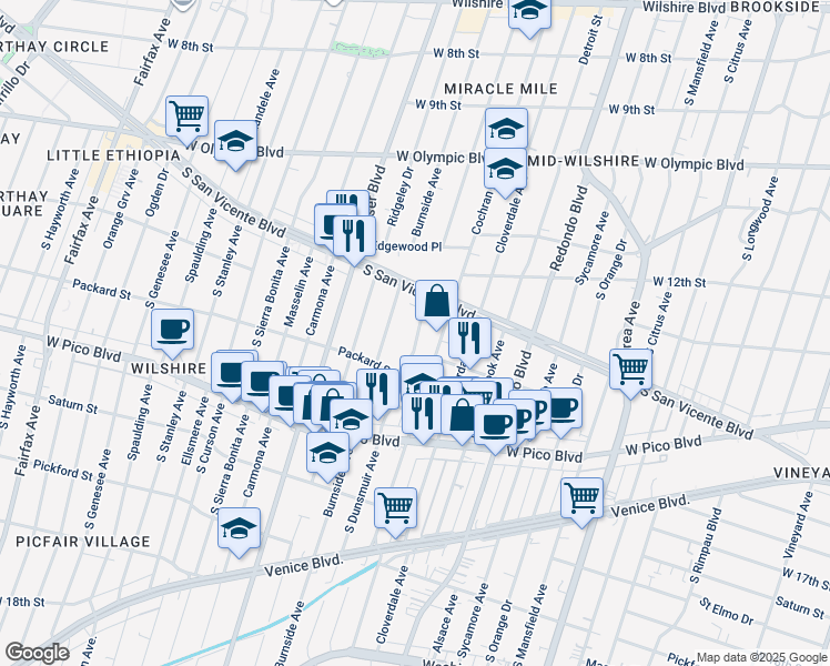 map of restaurants, bars, coffee shops, grocery stores, and more near 1262 South Burnside Avenue in Los Angeles