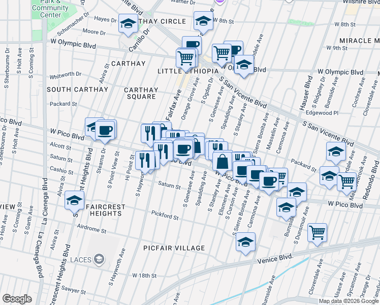 map of restaurants, bars, coffee shops, grocery stores, and more near 1349 South Genesee Avenue in Los Angeles