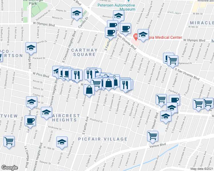 map of restaurants, bars, coffee shops, grocery stores, and more near West Pico Boulevard in Los Angeles