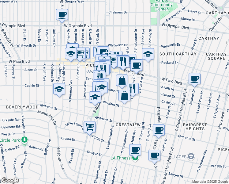 map of restaurants, bars, coffee shops, grocery stores, and more near 1518 South Robertson Boulevard in Los Angeles