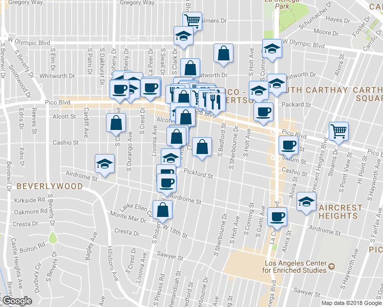map of restaurants, bars, coffee shops, grocery stores, and more near 1518 South Robertson Boulevard in Los Angeles