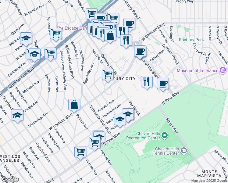 map of restaurants, bars, coffee shops, grocery stores, and more near 10349 Bellwood Avenue in Los Angeles