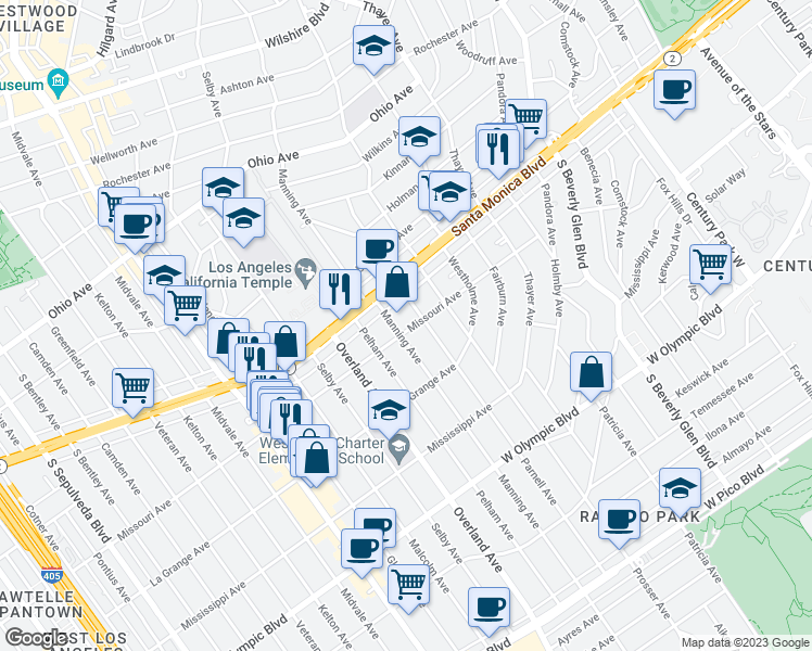 map of restaurants, bars, coffee shops, grocery stores, and more near 1907 Parnell Avenue in Los Angeles
