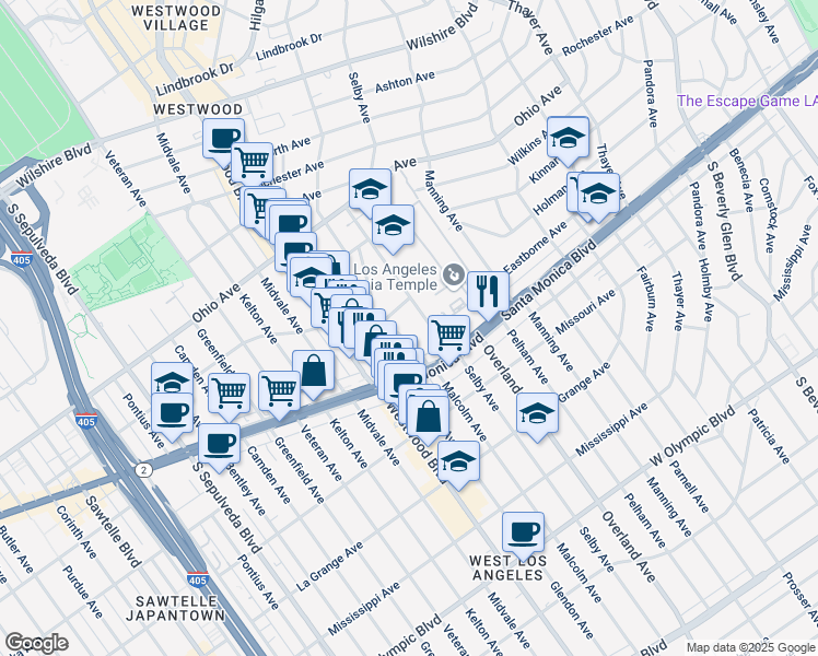 map of restaurants, bars, coffee shops, grocery stores, and more near 1738 Malcolm Avenue in Los Angeles