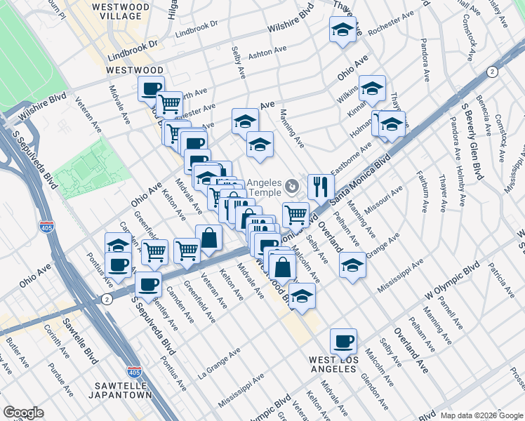 map of restaurants, bars, coffee shops, grocery stores, and more near 1738 Malcolm Avenue in Los Angeles
