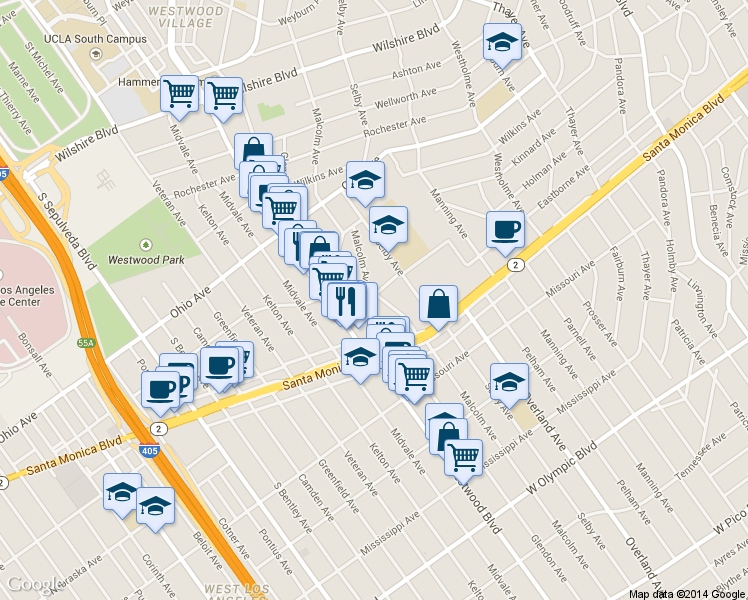 map of restaurants, bars, coffee shops, grocery stores, and more near 1730 Glendon Avenue in Los Angeles