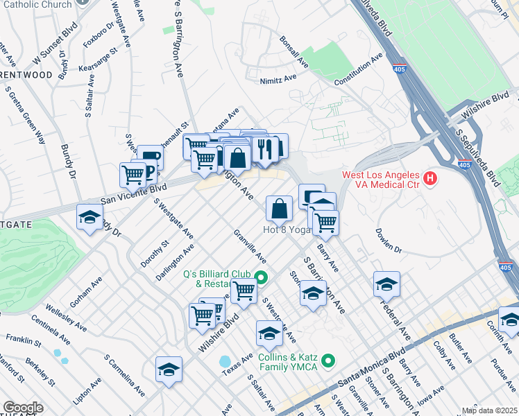 map of restaurants, bars, coffee shops, grocery stores, and more near 11714 Mayfield Avenue in Los Angeles