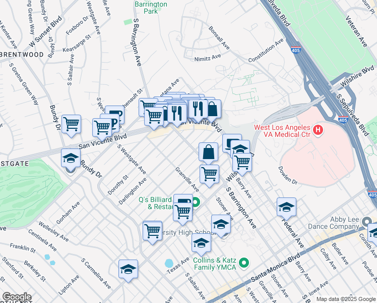 map of restaurants, bars, coffee shops, grocery stores, and more near 11714 Mayfield Avenue in Los Angeles