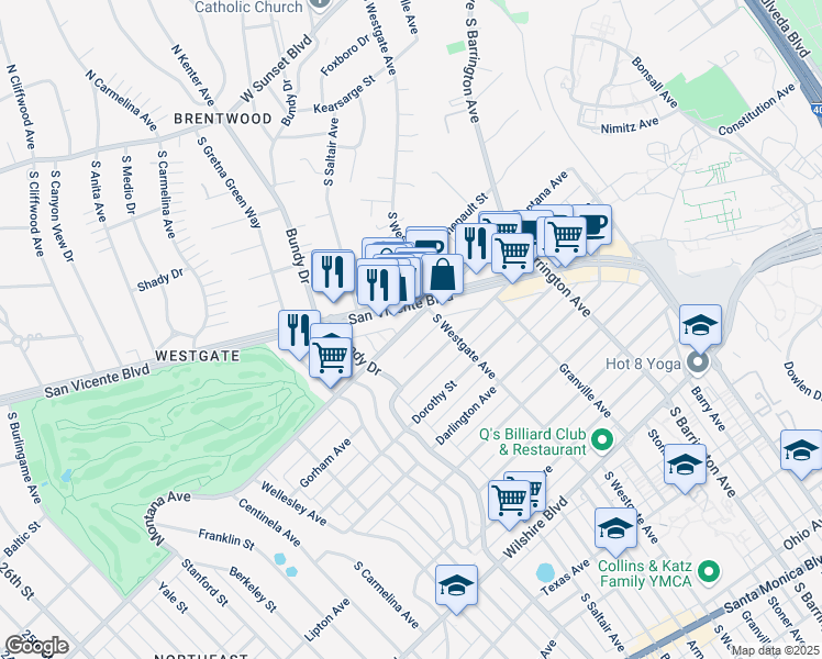 map of restaurants, bars, coffee shops, grocery stores, and more near 11961 Montana Avenue in Los Angeles