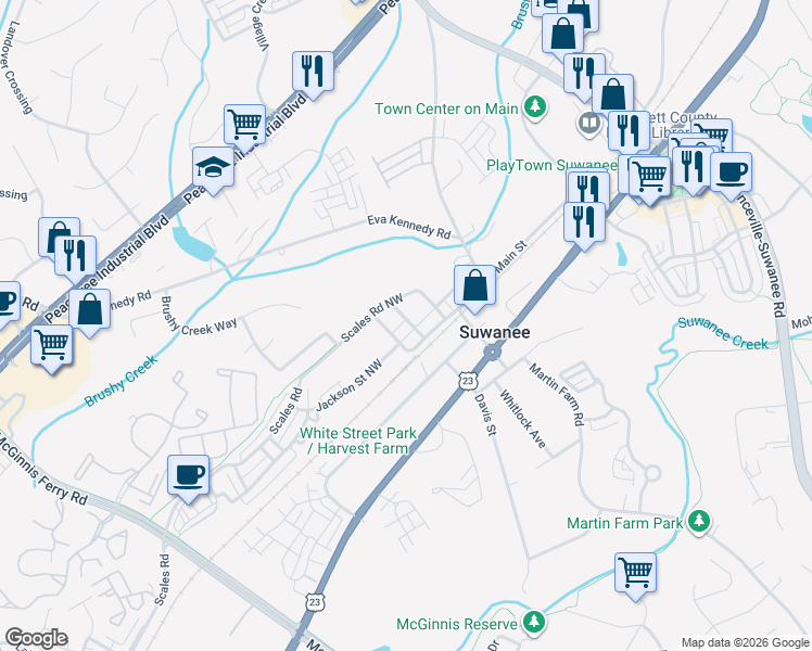 map of restaurants, bars, coffee shops, grocery stores, and more near 684 Jackson Street Northwest in Suwanee