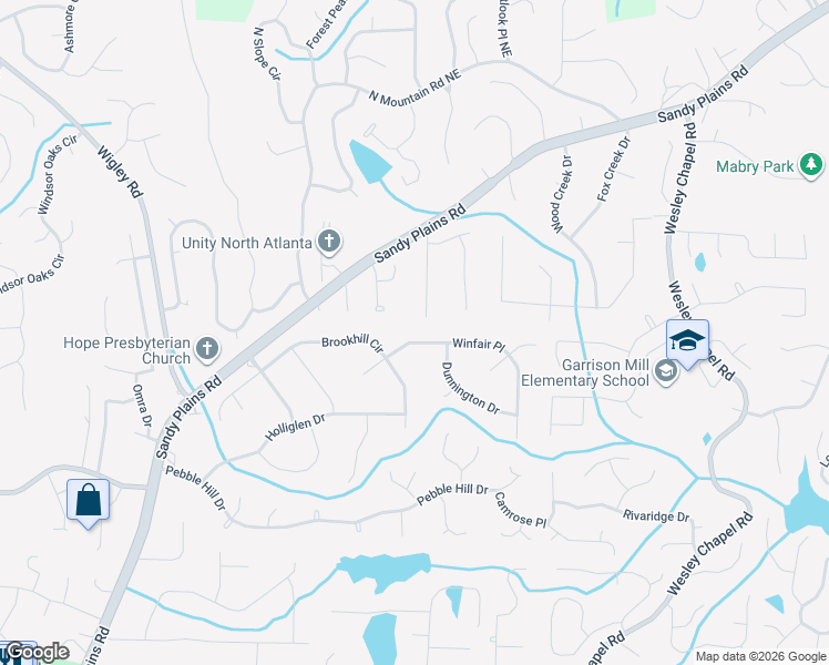 map of restaurants, bars, coffee shops, grocery stores, and more near 3451 Winfair Place in Marietta