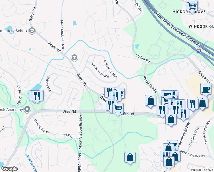 map of restaurants, bars, coffee shops, grocery stores, and more near 2238 Dresden Green in Kennesaw
