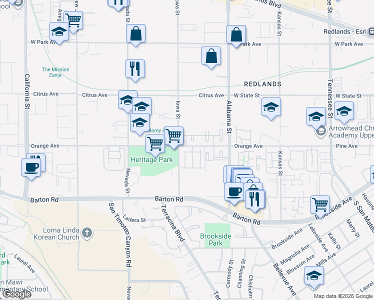 map of restaurants, bars, coffee shops, grocery stores, and more near 1686 Goldenrod Avenue in Redlands