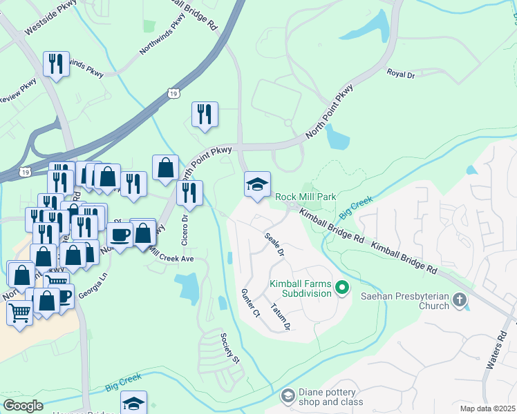 map of restaurants, bars, coffee shops, grocery stores, and more near 3055 Kimball Bridge Road in Alpharetta