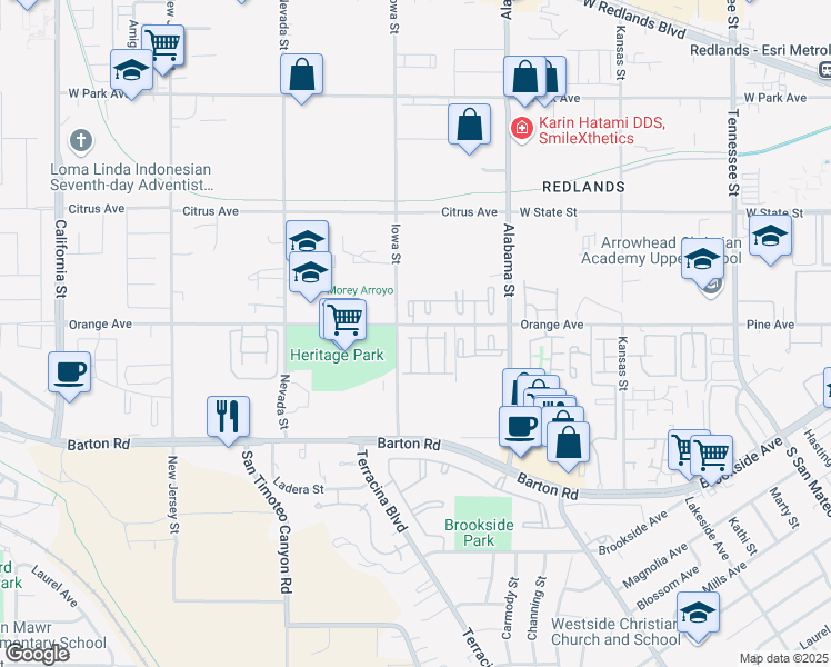 map of restaurants, bars, coffee shops, grocery stores, and more near 1686 Goldenrod Avenue in Redlands